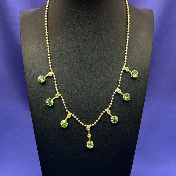 Green Faceted Crystal Necklace on Gold-Tone Round Ball Chain - Picture 1 of 16